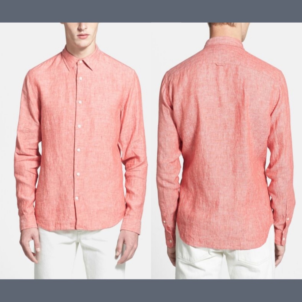 NWT VINCE Linen Chambray Trim Fit Sport Shirt in‎ Red Square [SZ XXL ]